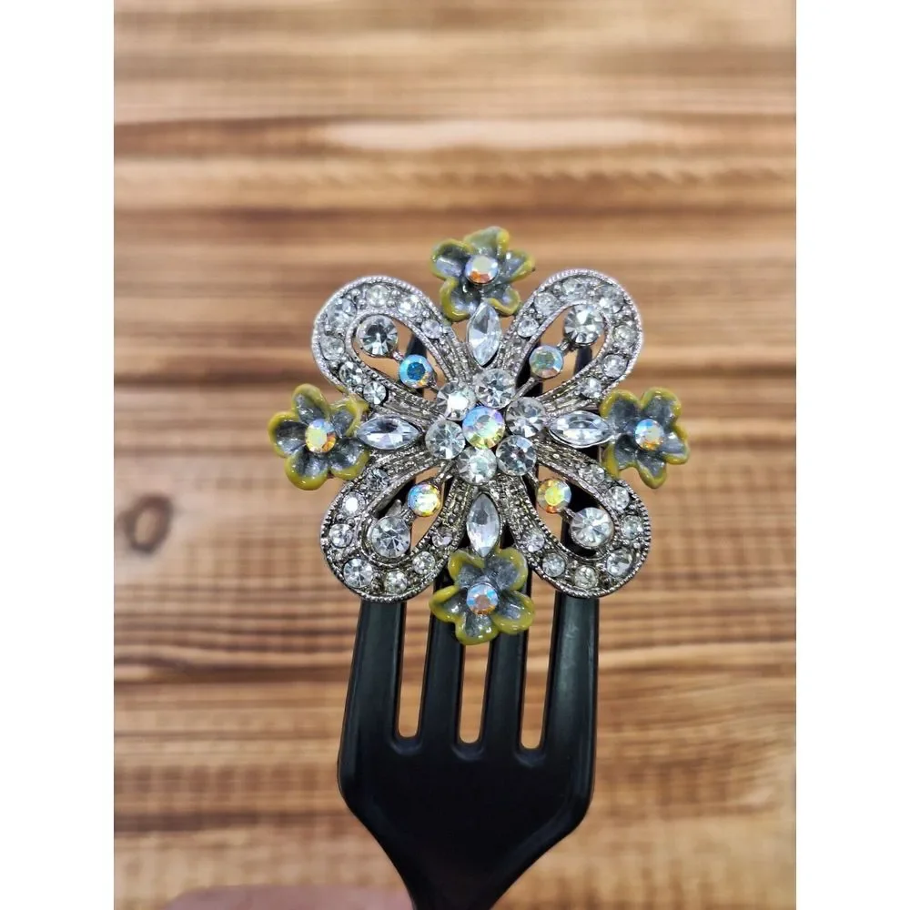 Vintage Rhinestone Brooch With Enamel Flowers Silver Tone 1.5